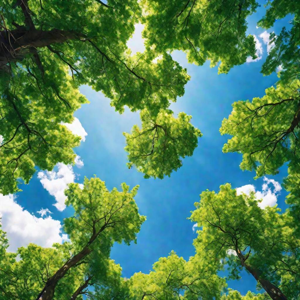 Макросъемка верхушек деревьев на фоне голубого неба