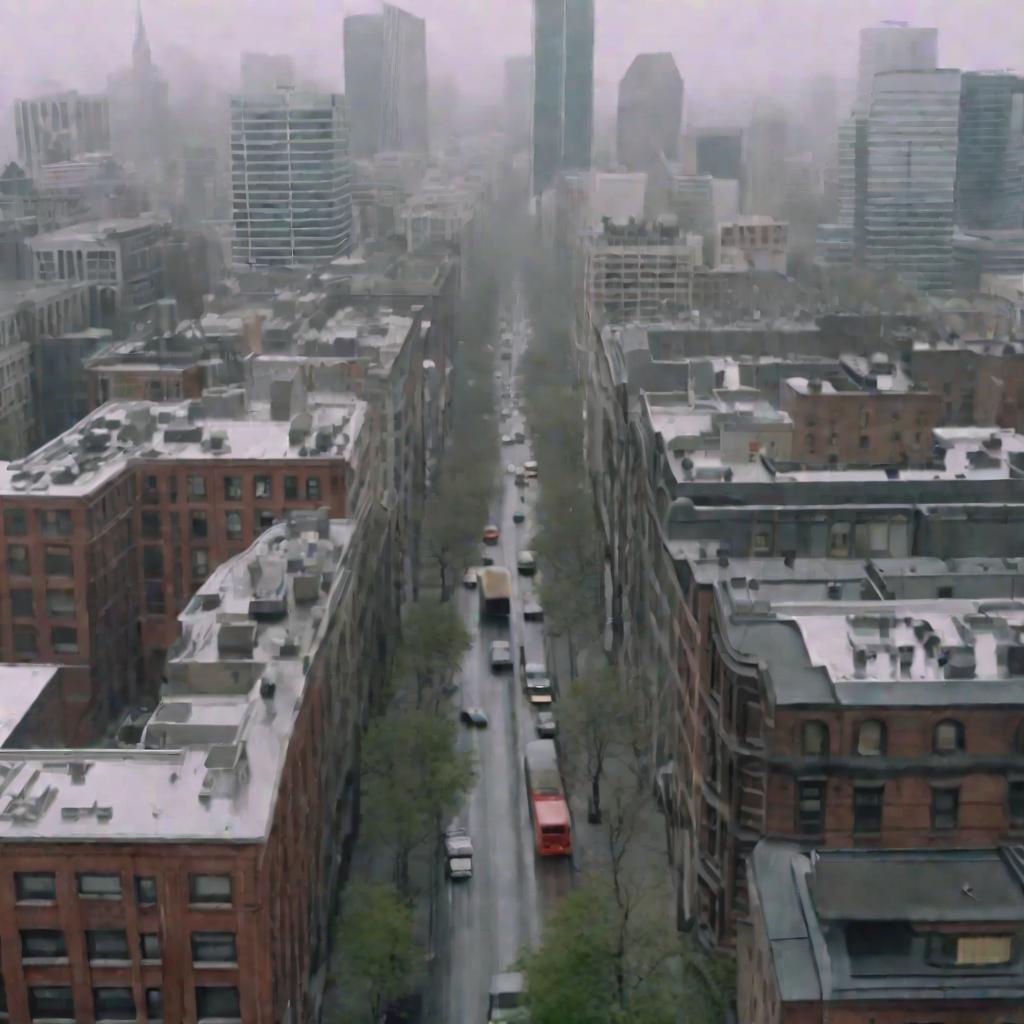 Вид сверху на туманный город с небоскребами