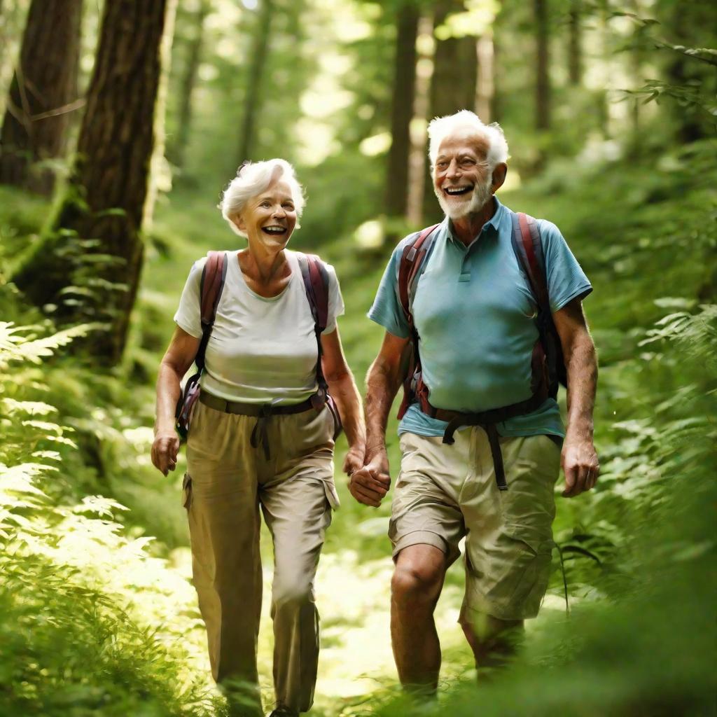 Пожилые люди гуляют по лесу и радуются жизни
