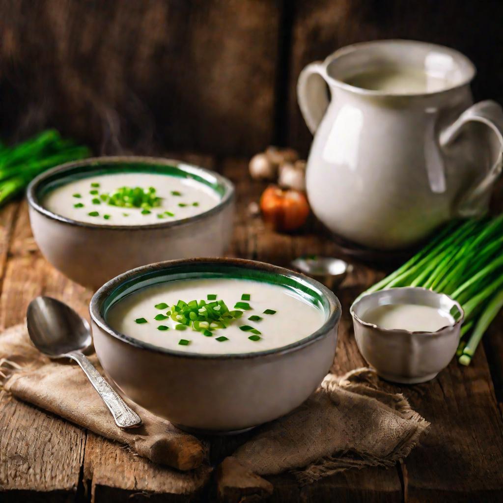 Две полные тарелки горячего молочного супа с зеленью на столе.