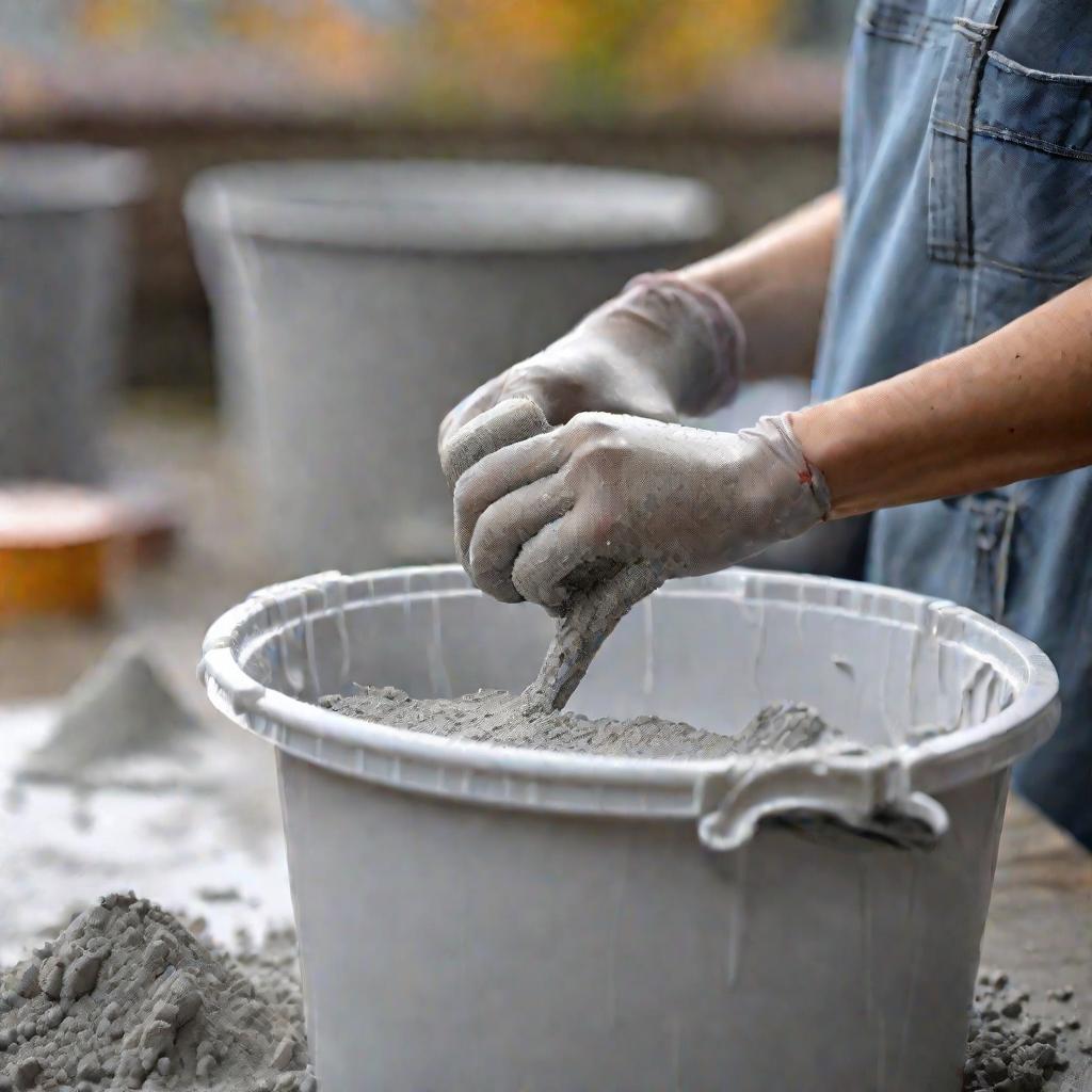 Женские руки миксером перемешивают цементную сухую шпаклевочную смесь с водой в ведре осенью в пасмурную погоду.