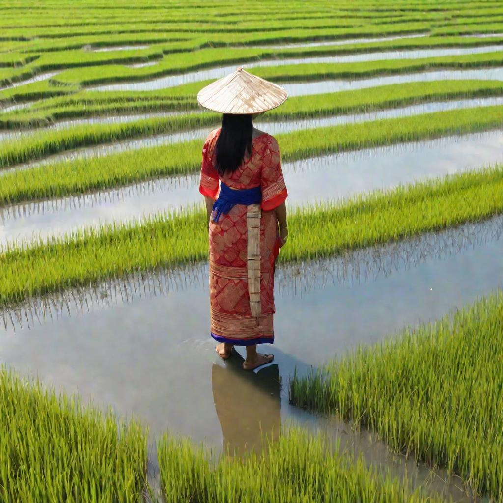 Женщина в национальном костюме проверяет рисовые зерна на рисовом поле