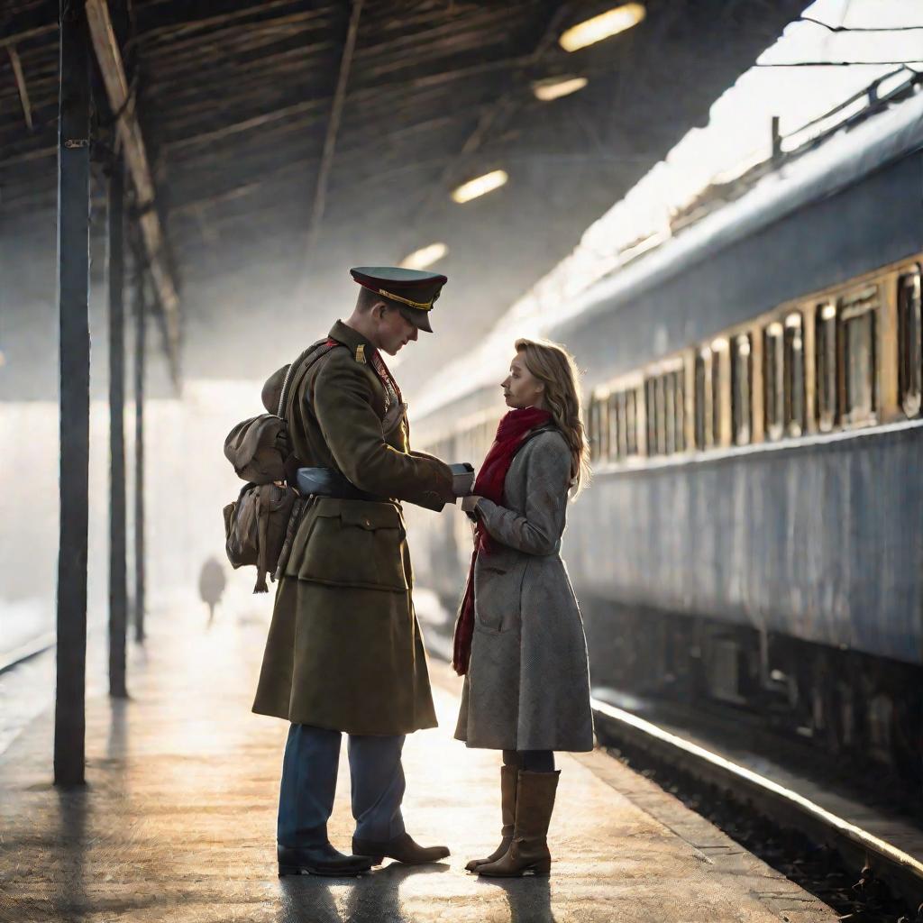 Военный и девушка на вокзале зимним утром
