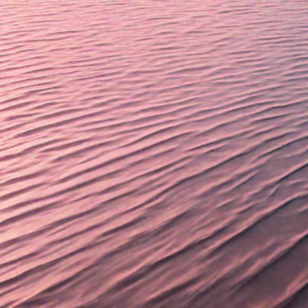 Вид сверху прямо на спокойную поверхность океана на рассвете, вода слегка розоватая от восходящего солнца. Параллельные линии мелких ровных волн расходятся по зеркальной поверхности, создавая упорядоченный узор резонирующих колебаний.
