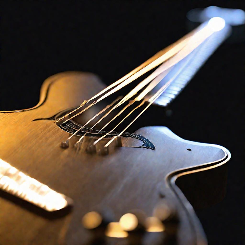 Крупный план гитарной струны, защипнутой пальцами на сцене в луче софита на черном заднике. Струна светится ярким золотом, быстро вибрируя, размываясь в светящуюся полоску и издавая чистый резонирующий тон.
