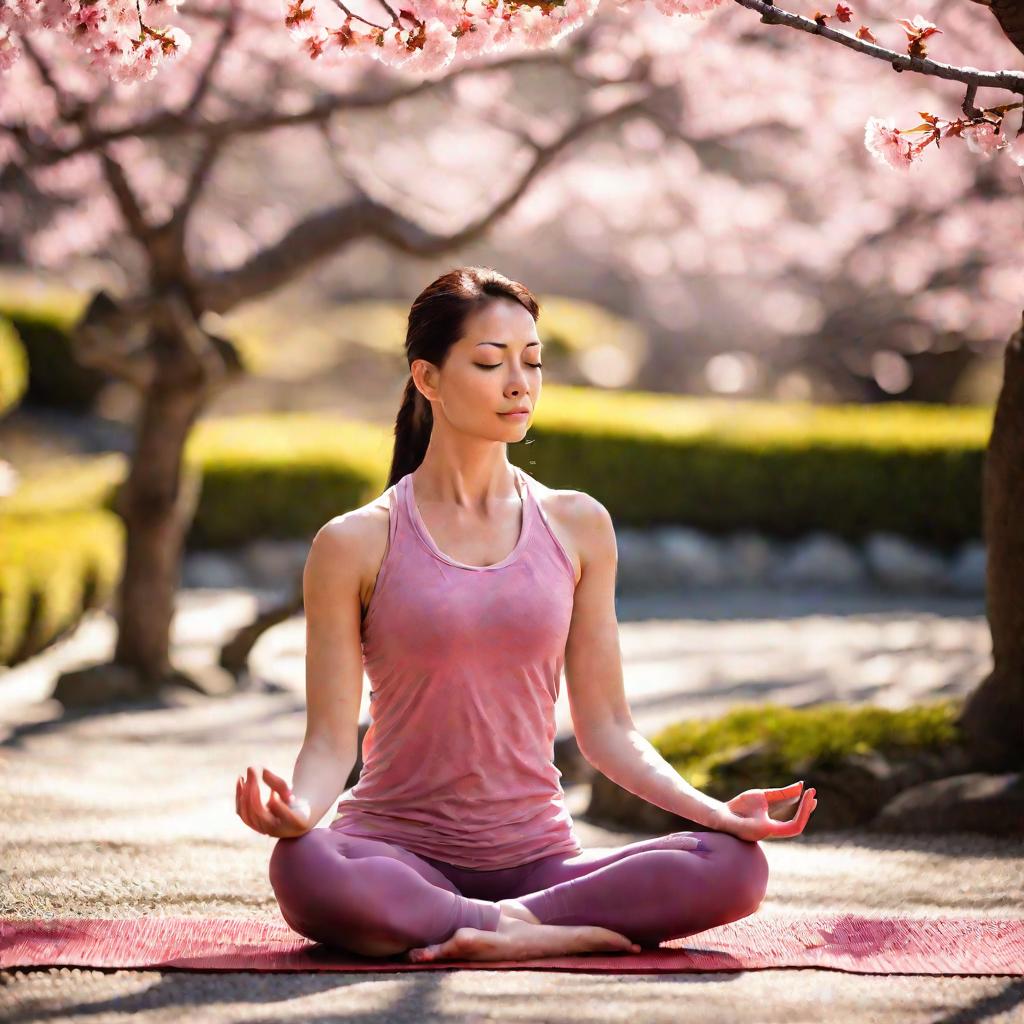 Женщина медитирует в японском саду