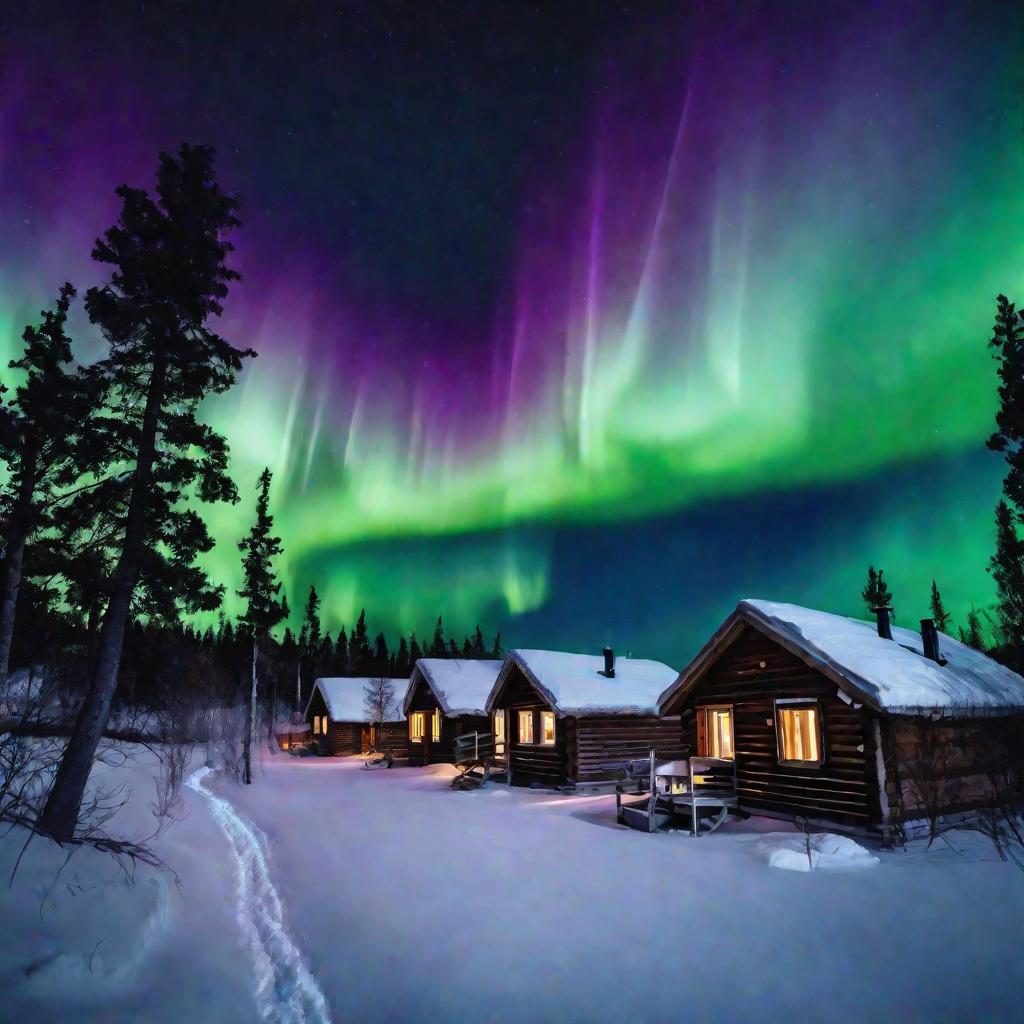 Широкий вид на яркое северное сияние, мерцающее в ночном небе над домами разными цветами
