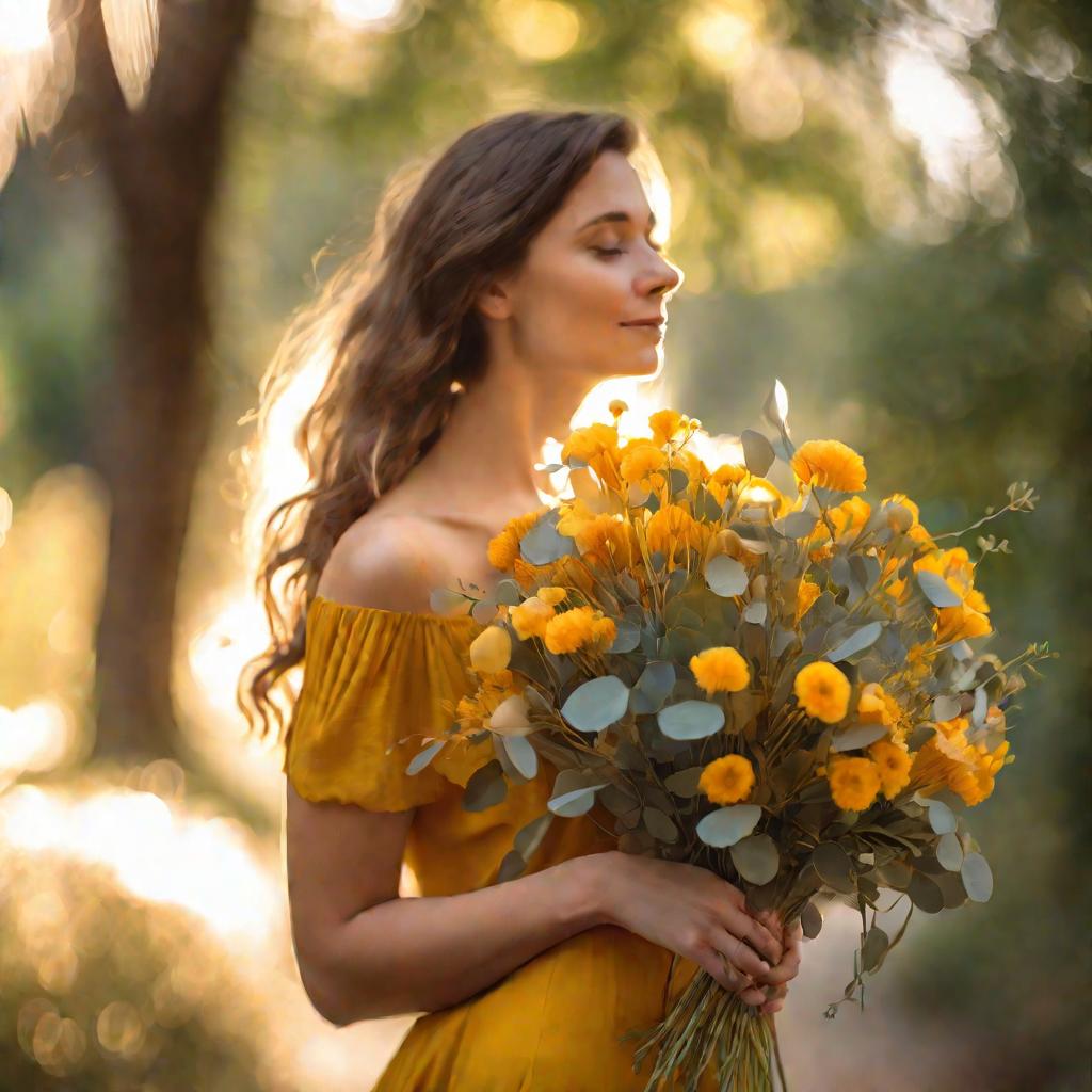 Женщина в желтом платье держит яркий букет из цветов купальницы и листьев эвкалипта. Размытый букетный фон с лучами теплого золотого солнечного света, проникающего сквозь деревья.