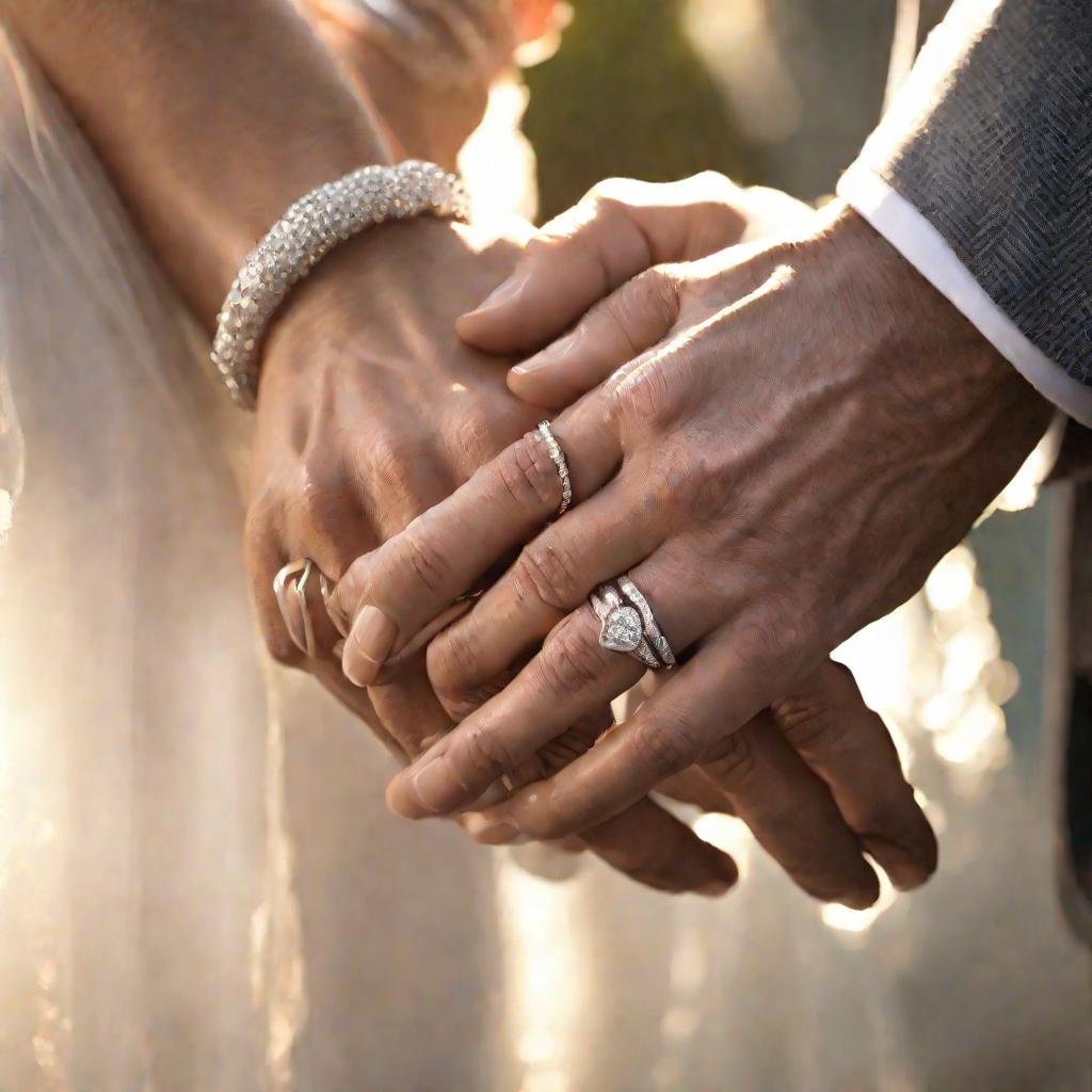 Сцепленные руки мужчины и женщины с обручальными кольцами на солнце