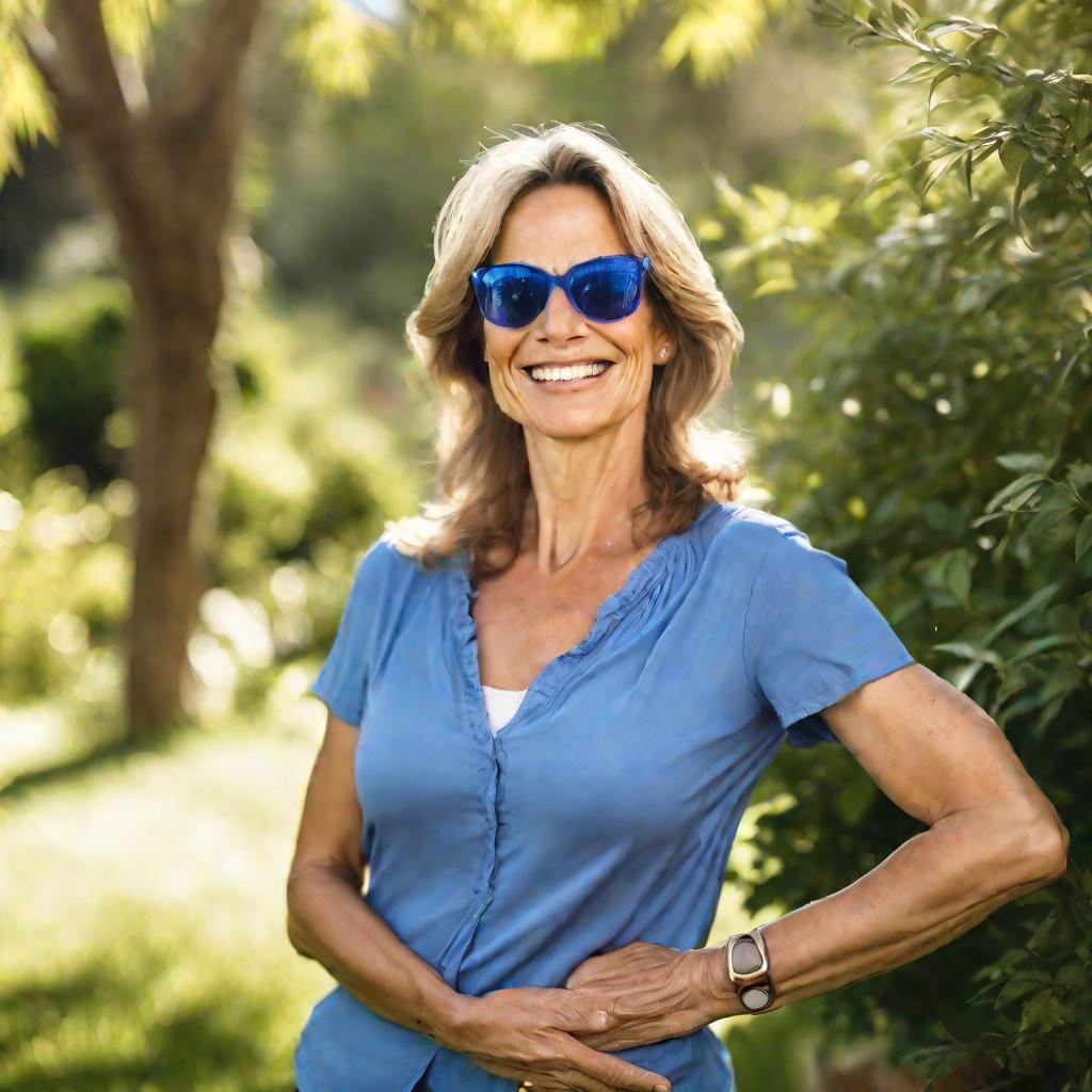 Женщина после биоревитализации стоит улыбаясь в саду в солнечный день.