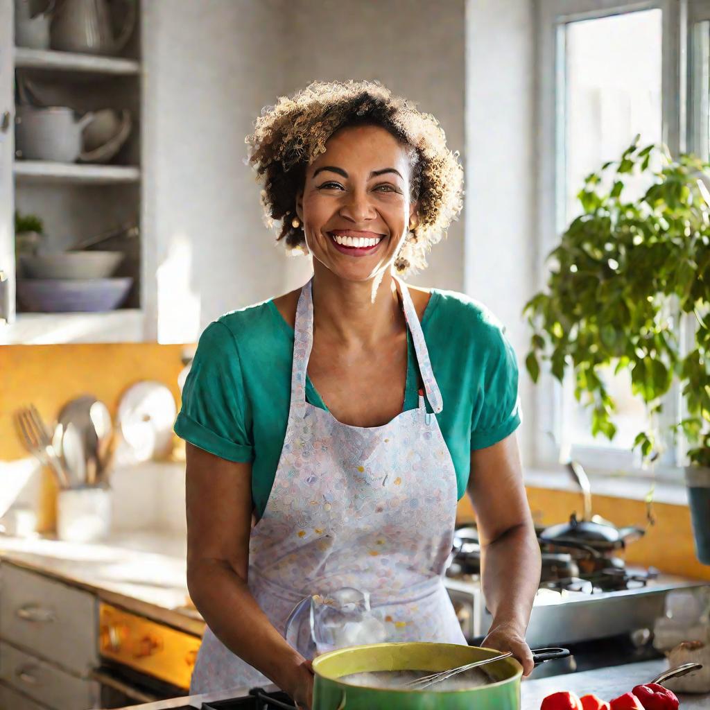 Портрет улыбающейся женщины, готовящей на кухне в фартуке и держащей парящий горшок.