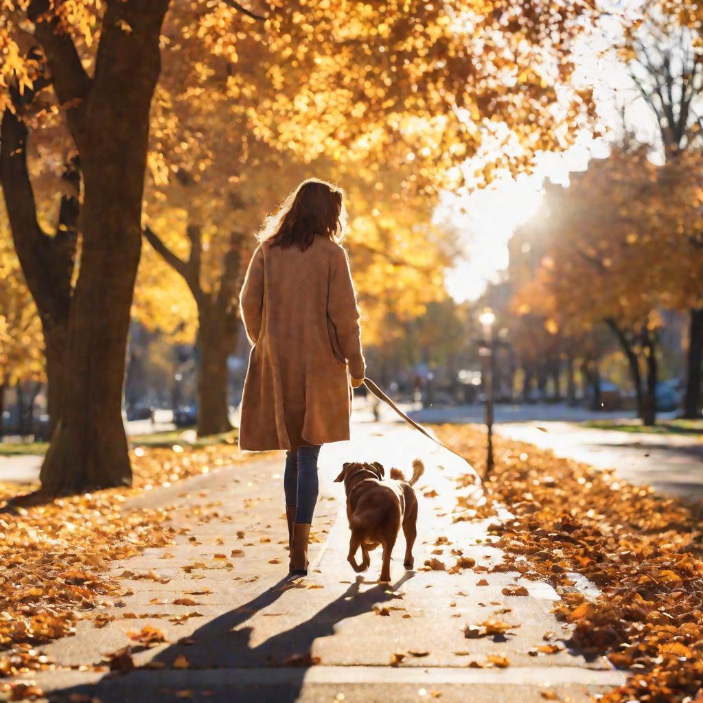 Женщина в длинном кардигане гуляет с собакой