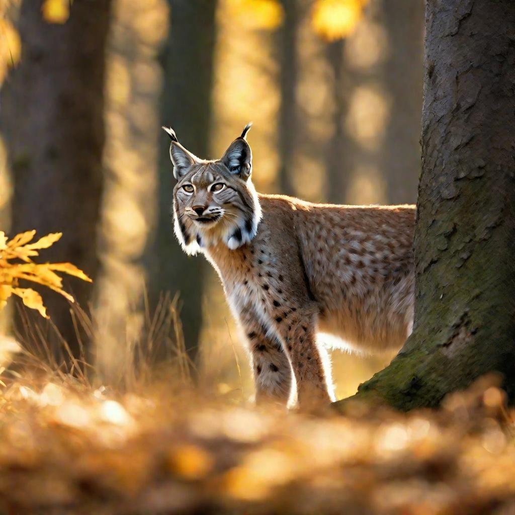 Рысь скрытно преследует оленя в золотом осеннем лесу