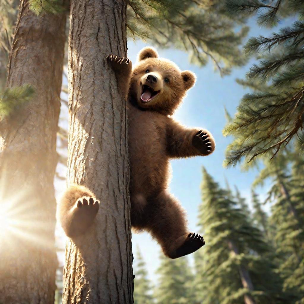 Медвежонок лазает по дереву в лесу