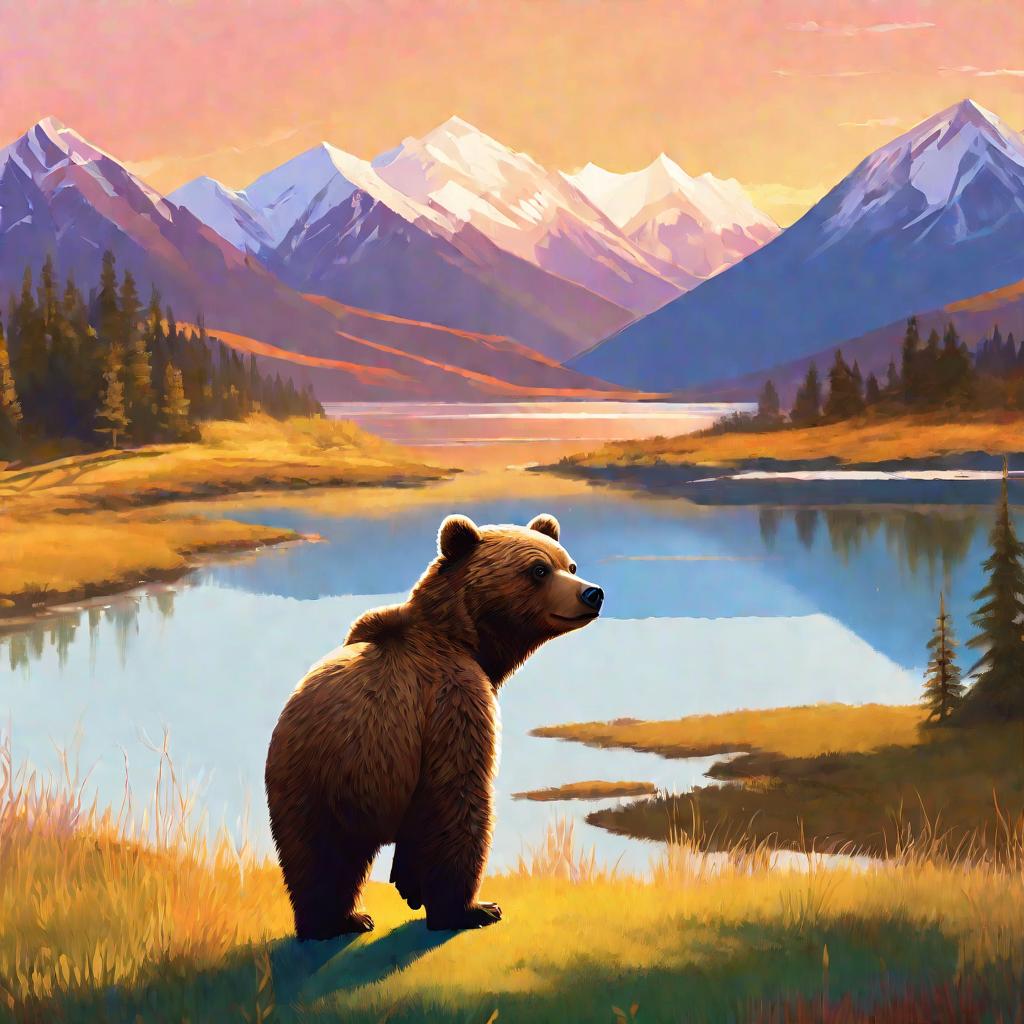 Медвежонок на фоне гор и озера