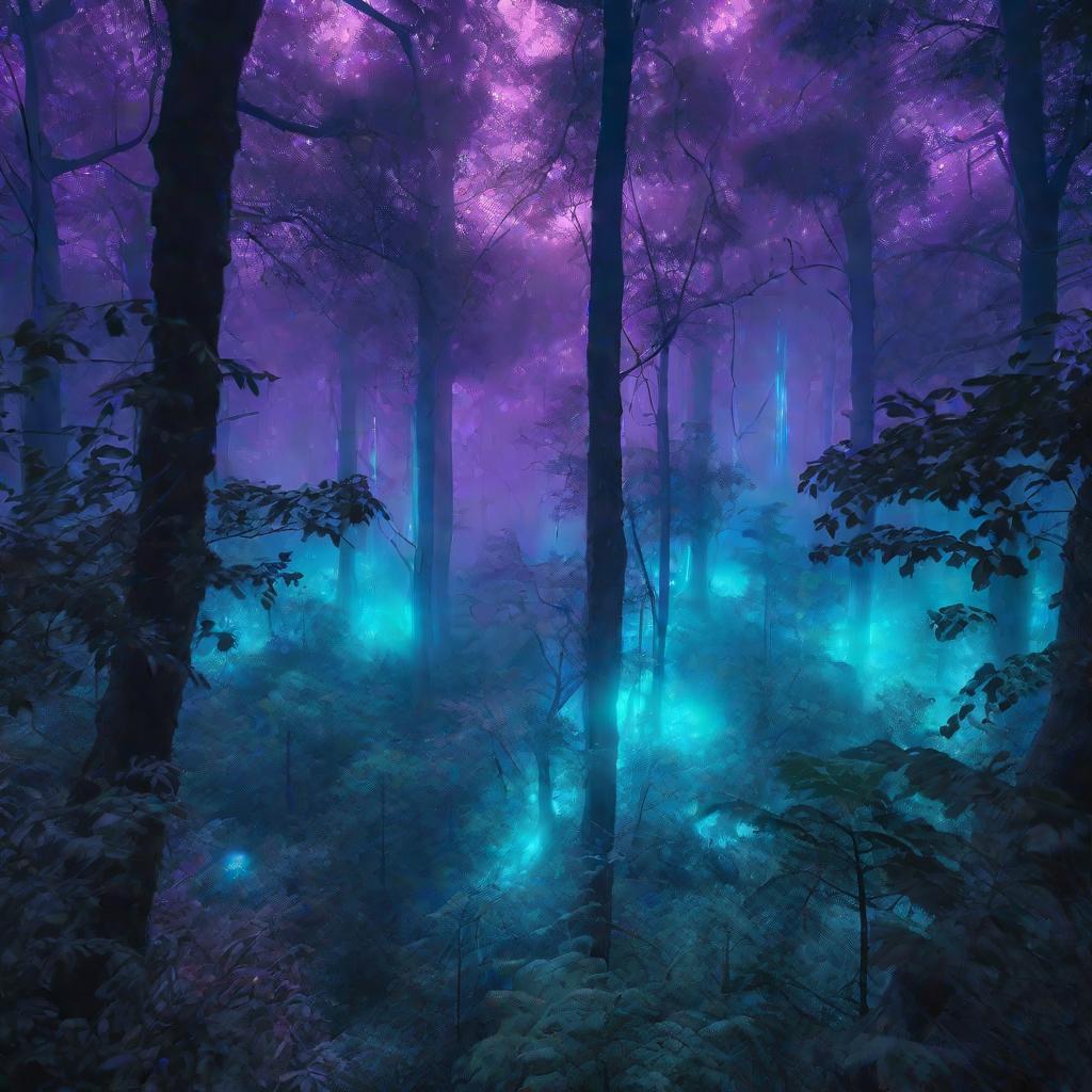 Вид сверху на светящийся мистический лес.