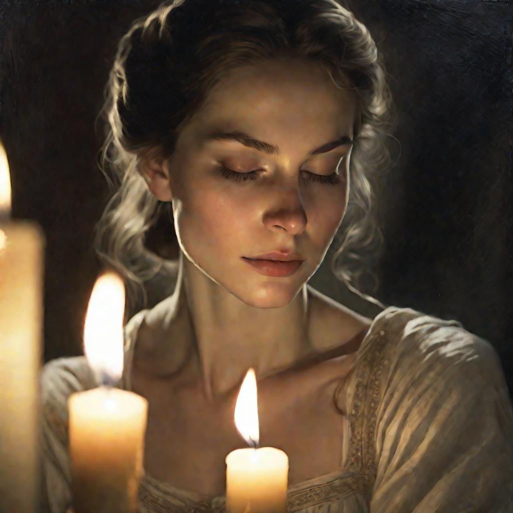 Женщино держит зеркало в ладонях при свечах, глаза закрыты, лицо спокойное