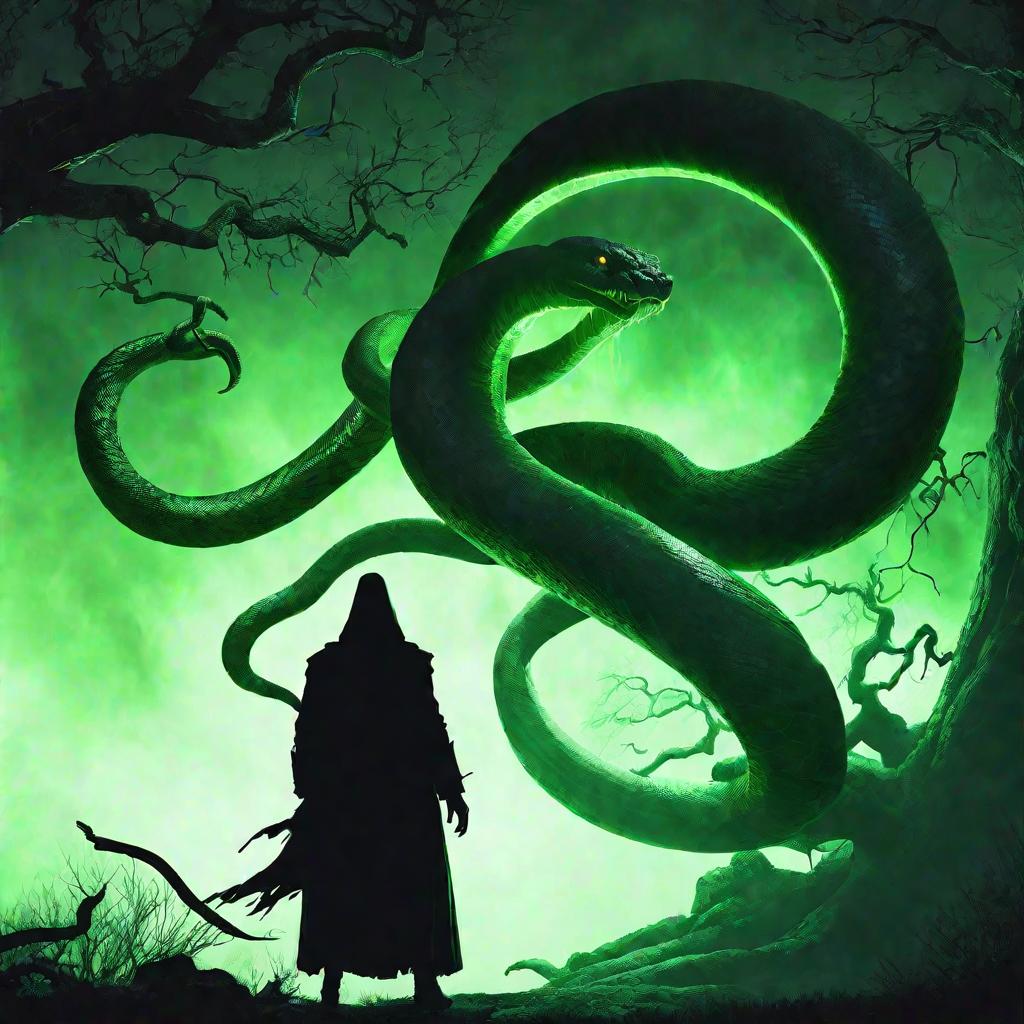 Огромная зеленая змея вокруг дерева в туманной ночи.