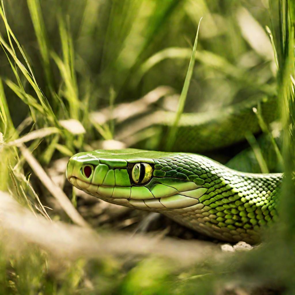 Агрессивная зеленая змея показывает клыки в тени травы летним днем.