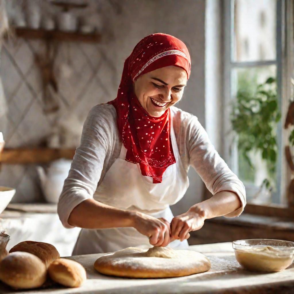 Женщина месит тесто для пахлавы