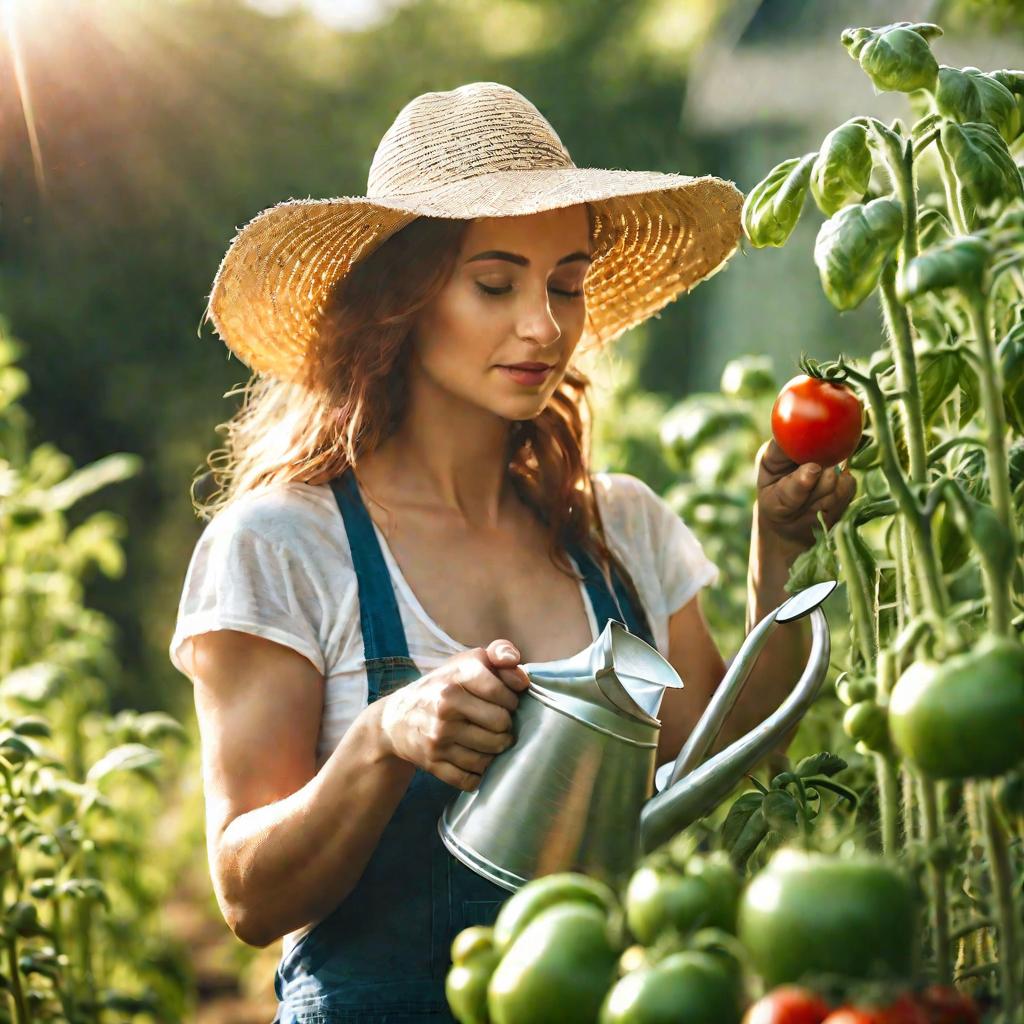 Женщина поливает рассаду томатов из лейки в солнечный день