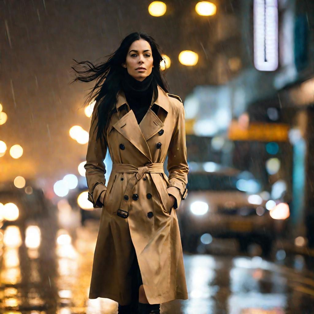 Женщина с длинными черными волосами идет по ночной улице