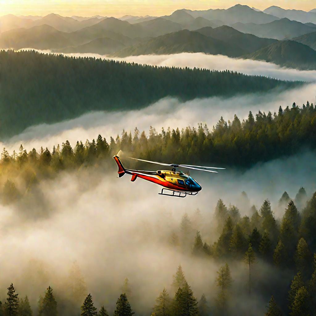 Вертолет летит над лесом на рассвете
