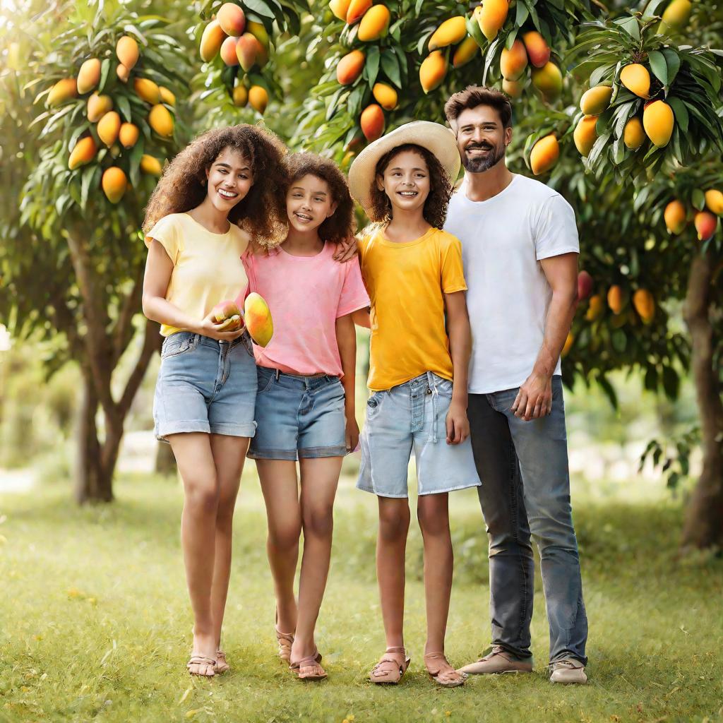 Семья ест манго на природе