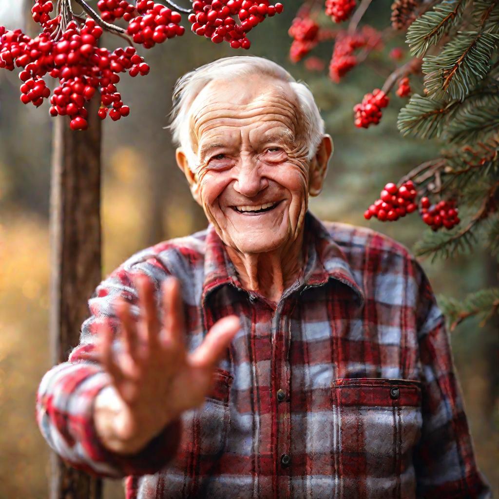 Крупный портрет улыбающегося пожилого мужчины в клетчатой рубашке, держащего на ладони яркие красные зимние ягоды, за ним видны вечнозеленая листва и изгородь, теплое освещение, детально, ностальгично