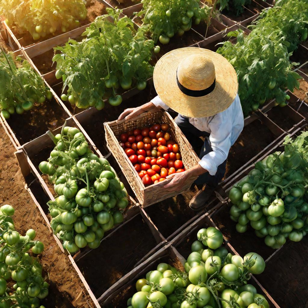 Сверху фермер в шляпе собирает помидоры сорта Санька в корзину