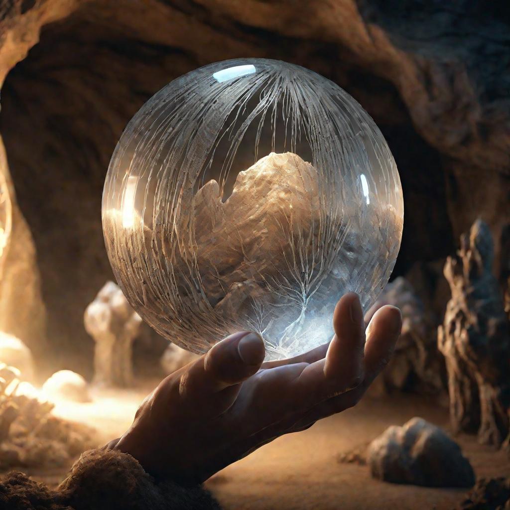 Рука держит сферу в пещере