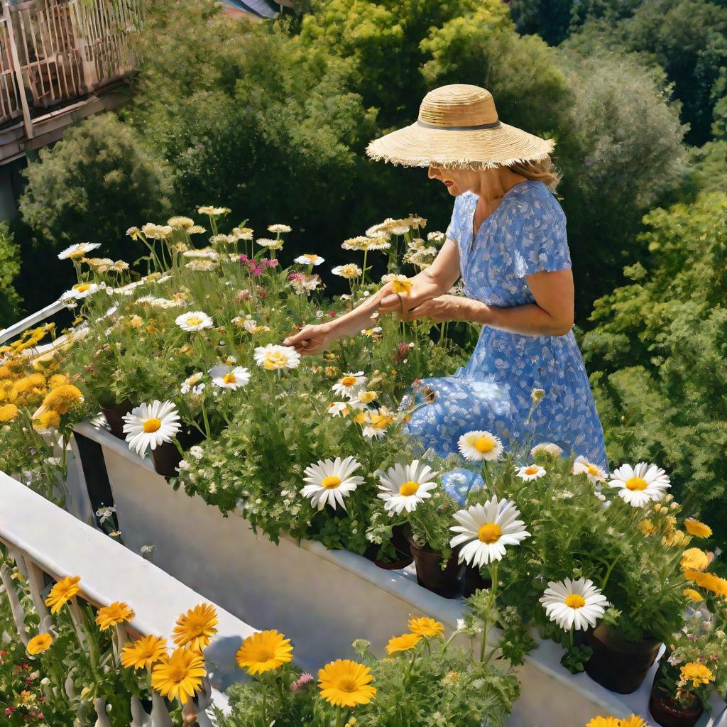 Женщина поливает цветущие цинерарии на балконе