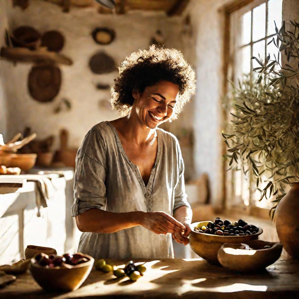Женщина выбирает оливки из миски на кухне
