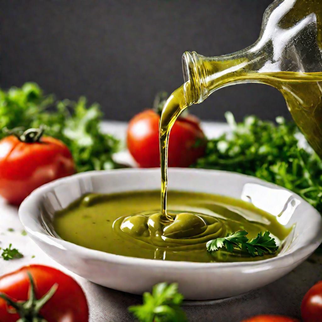 Оливковое масло льется в салат из помидоров