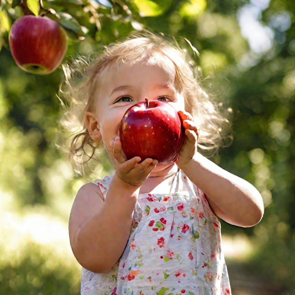 Ребенок держит большое красное яблоко