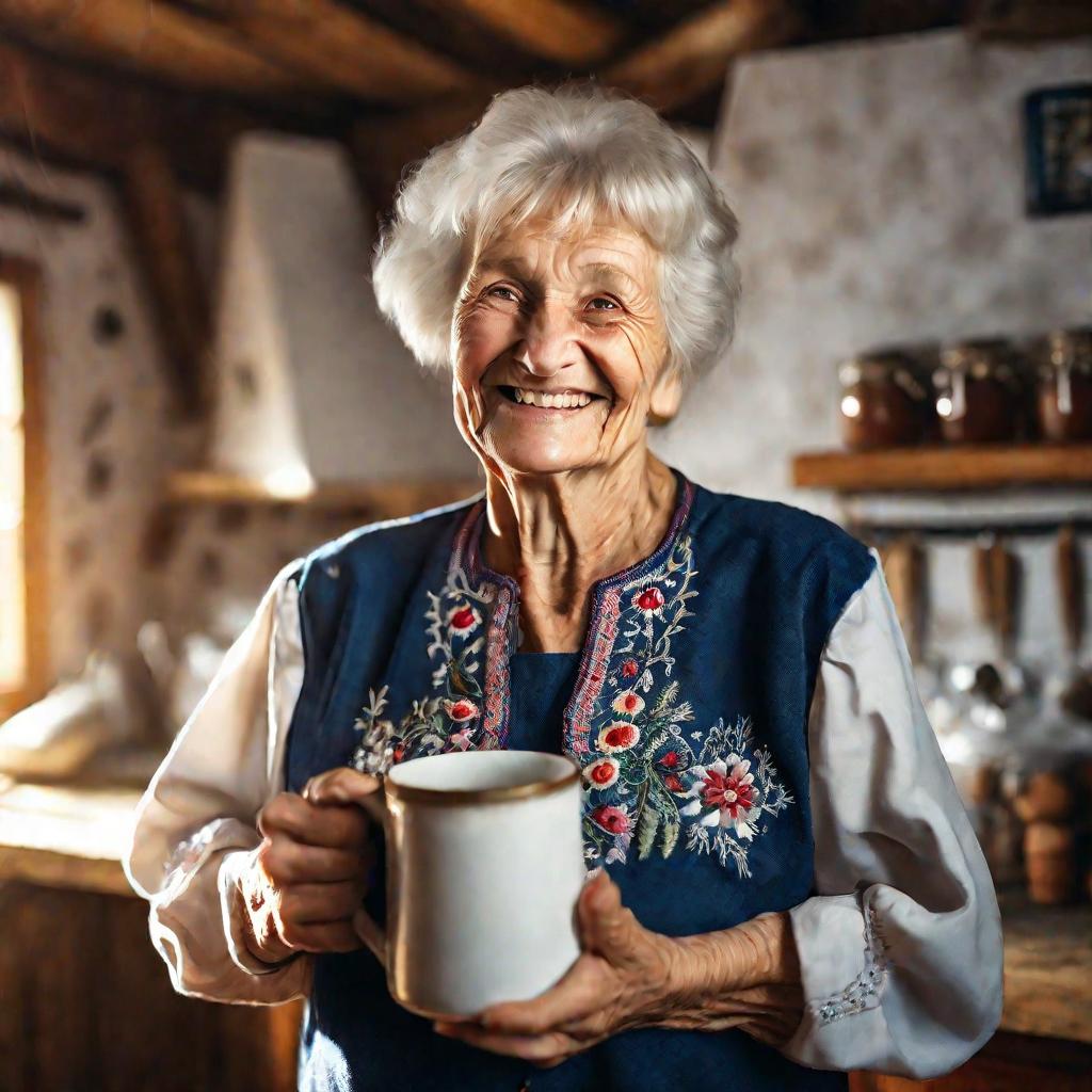 Бабушка с кружкой кваса на кухне утром.