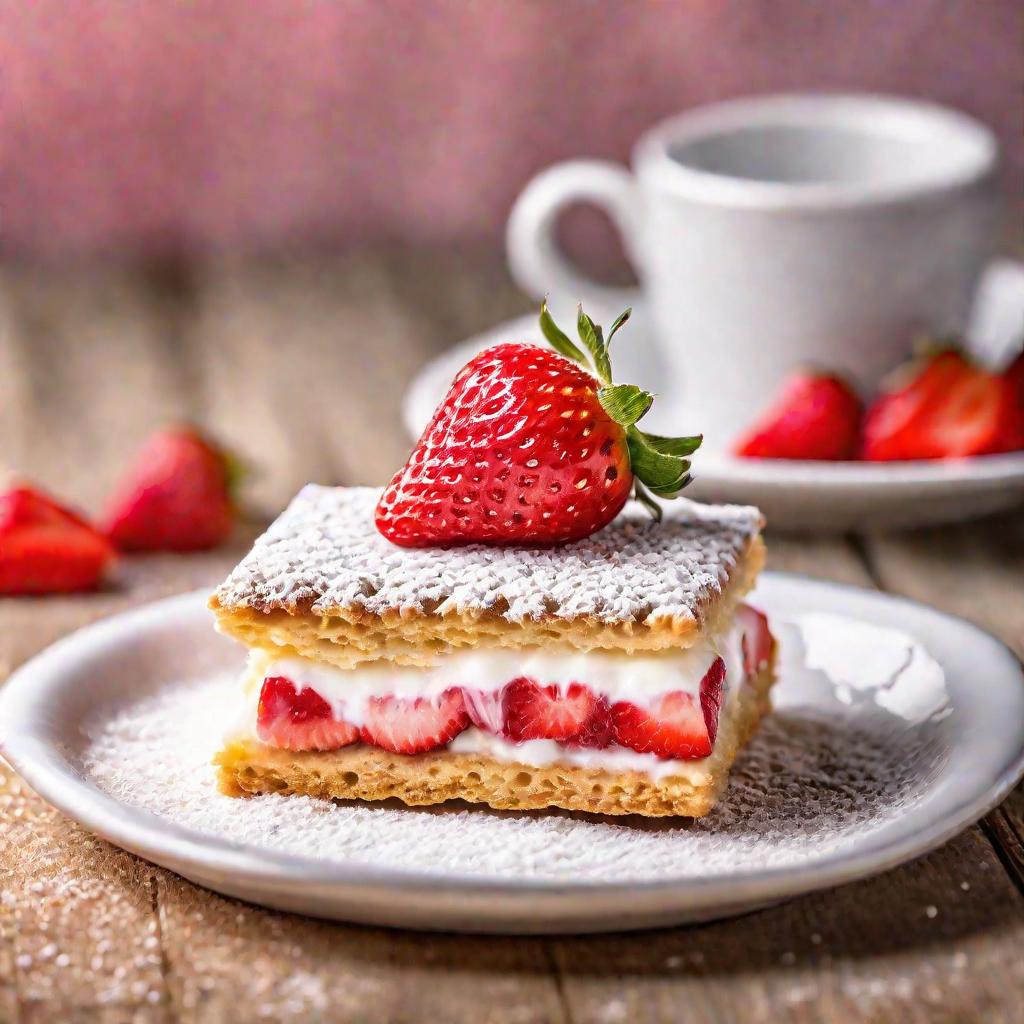 Крупный план ломтика печенья савоярди с клубникой. Фотография передает мягкость и воздушность бисквита, сочетание с ягодой создает романтичное настроение.