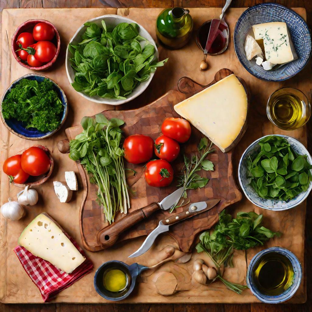 Вид сверху на деревянный стол в клетчатой скатертью с яркими мисками, наполненными свежими овощами, кусками сыра, зеленью, бутылками оливкового масла, разделочной доской и ножом, готовящихся к приготовлению салата