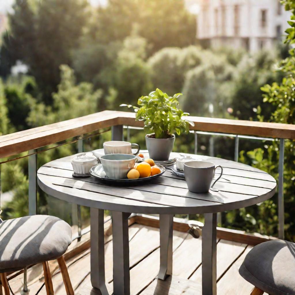 Крупный план современного круглого серого обеденного стола, сервированного к завтраку на балконе с видом на зеленый сад с деревянной террасой и горшочными растениями. Снято с уровня глаз в мягком утреннем солнечном свете с расслабленной веселой атмосферой