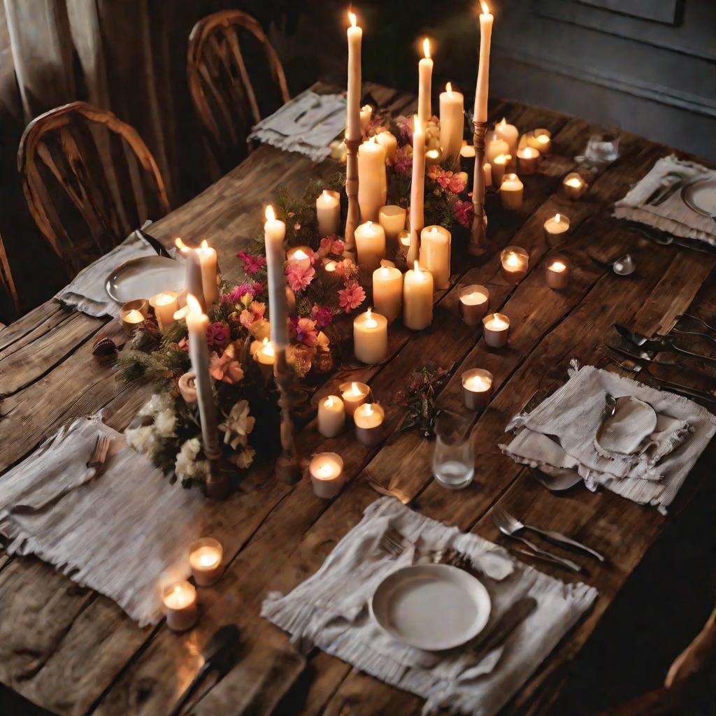 Снятый сверху большой деревянный деревенский обеденный стол, украшенный свечами и цветами и сервированный для вечернего семейного праздничного ужина, снятый на закате с кинематографическим теплым освещением и радушной праздничной атмосферой.