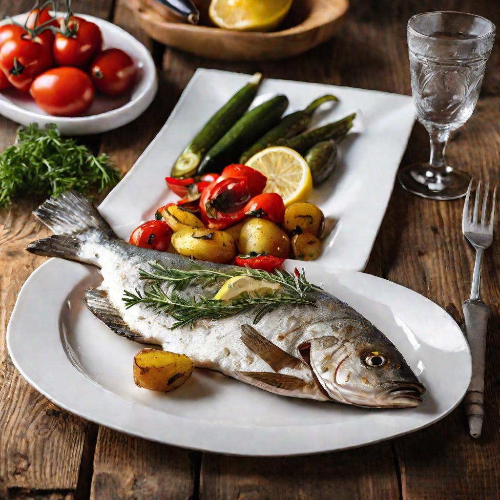 Запеченная рыба и овощи на блюде