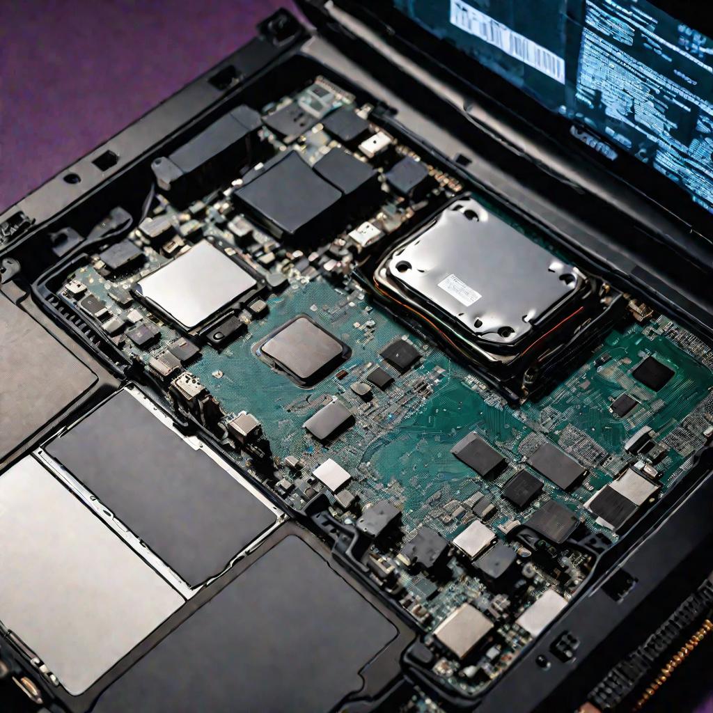 Драматический вид сверху внутренних компонентов современного ноутбука. Материнская плата, оперативная память, процессор, кабели и разъем тачпада. Кабель тачпада отключен