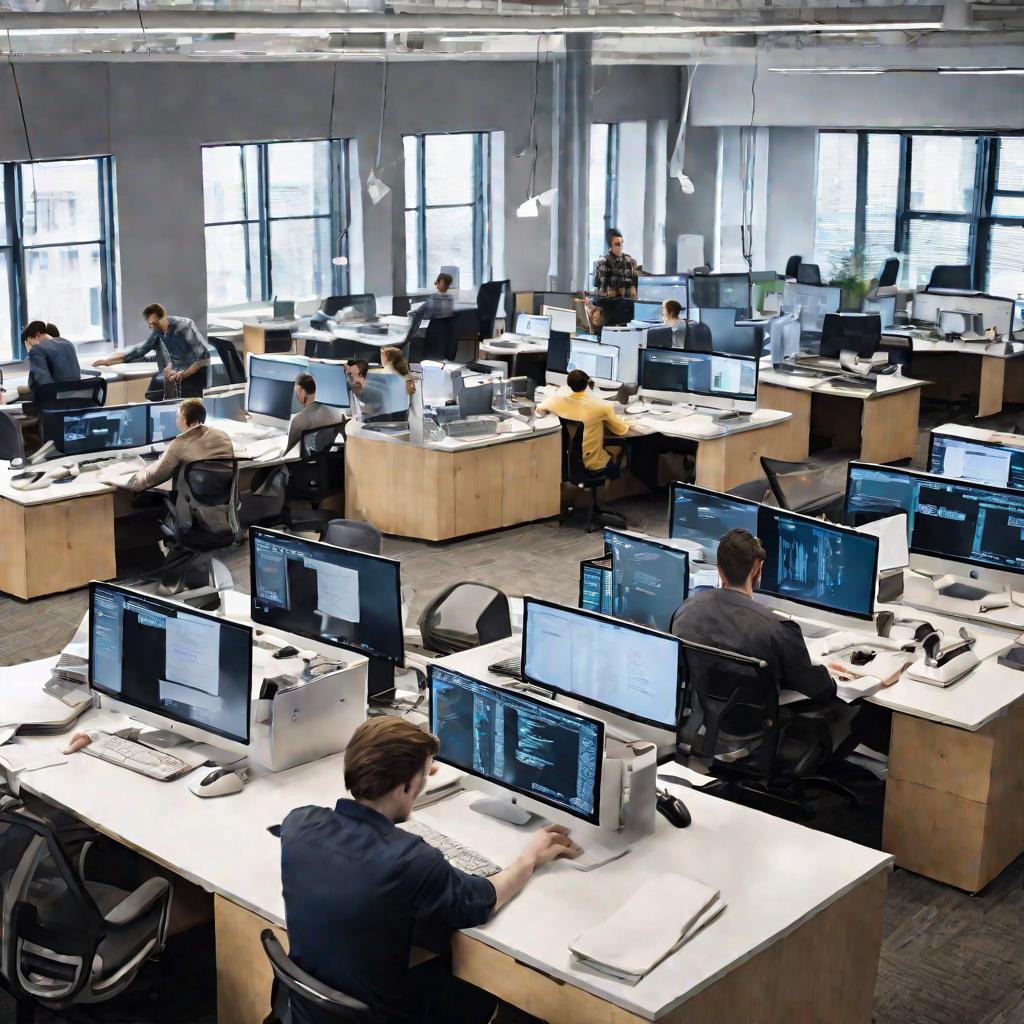 Офис, где сотрудники работают за компьютерами