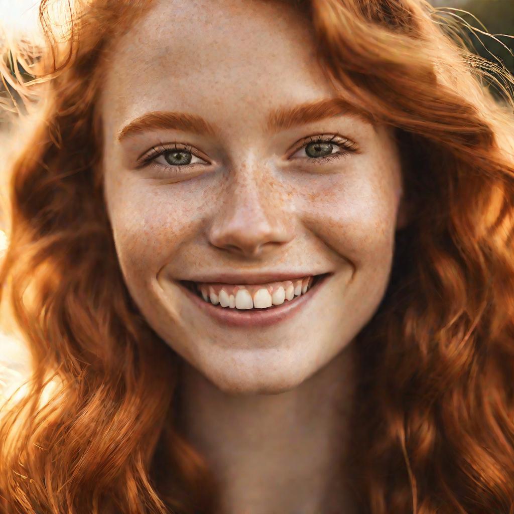 Близкий портрет девушки с блестящими рыжими волосами