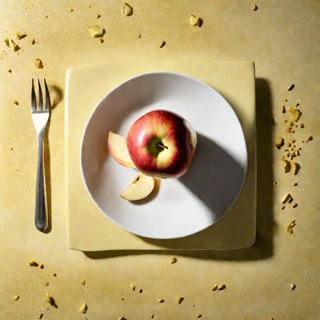 Вид сверху на разрезанное пополам золотистое яблоко на белой тарелке