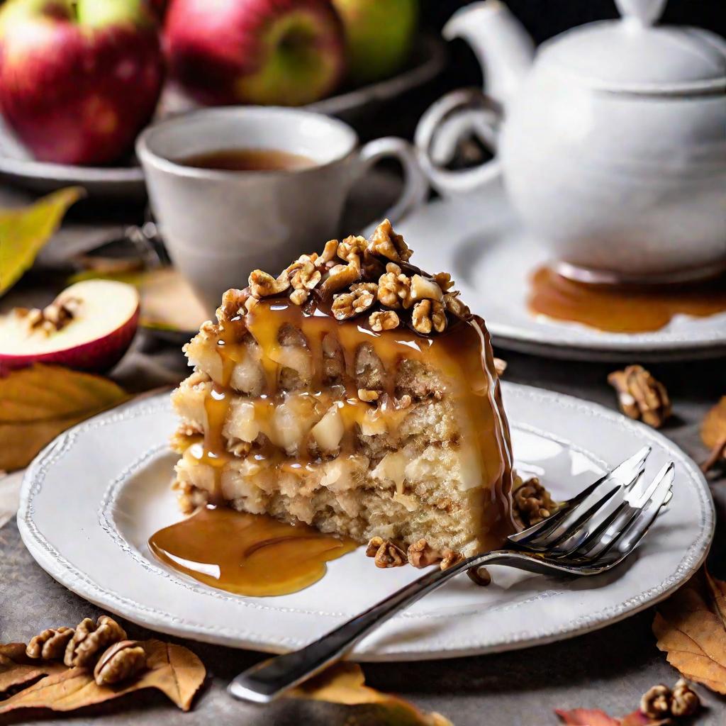 Яблочный десерт Шарлотка с орехами и корицей на белой тарелке