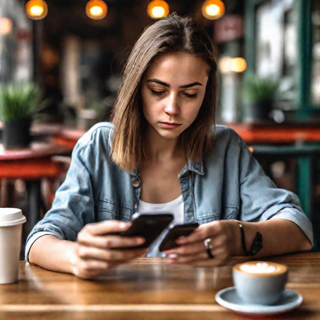 Девушка смотрит на телефон в кафе