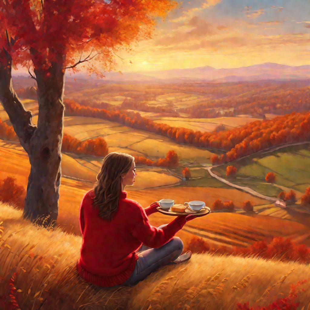 Женщина ест ароматную лепешку на фоне осеннего пейзажа