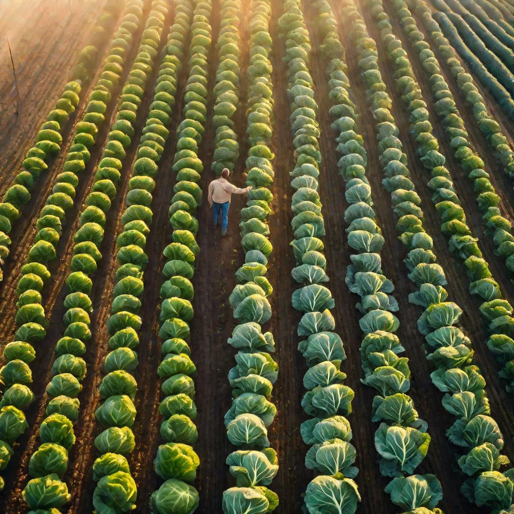 Вид сверху на фермера, идущего по рядам капустных растений, растущих на поле в туманное осеннее утро. Сцена пасторальная с золотистым светом восходящего солнца, просачивающимся сквозь дымку над бесконечной зеленой капустной плантацией.