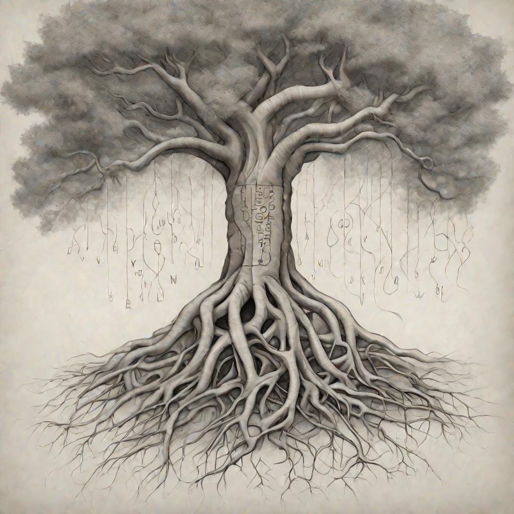 Карандашный рисунок дерева с безударными гласными, нарисованными на корнях в земле. Это визуальная аллегория понятия безударных гласных в корне слова.